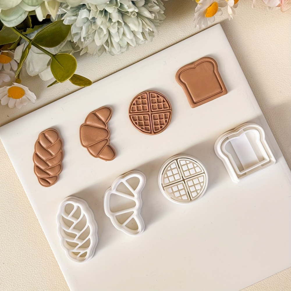 Cookies Pack - 4個入りパン型クッキーカッターセット、クロワッサン、トースト、ワッフル、編み込みパン型、ベーキング、フォンダン、クリスマスギフト用